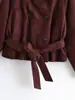 Chaqueta corta de ante sintético para mujer de comercio exterior transfronterizo, con cuello alto, mangas raglán, diseño de doble botonadura, cinturón y un estilo retro de ropa de trabajo.