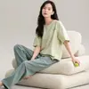 Pijama 100% Algodão Feminino Verão Manga Curta Calça 2025 Novo Estilo Coreano Doce Simples e Confortável Roupa de Casa de Verão Estilo Fino
