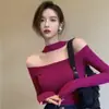 Top de malha vintage estilo Hong Kong para mulheres, outono elegante ombro a ombro slim fit base de malha top curto