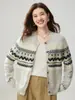 Cárdigan de Punto Jacquard Geométrico Retro Estilo Fair Isle Otoño Invierno para Mujer Cuello Redondo Botón Manga Larga Corte Holgado Suéter Ropa de Abrigo
