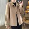 Vintage Lel Pure Wool Feminino Estilo Nacional Fivela Manga Longa Solta com Bolso Cor Sólida Elegante Casual Casaco Tweed Dupla Face