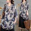 Estilo japonês e coreano em estoque Real-shot Algodão e linho camisa Mid-length Pullover V-neck Ramie Linho fino estampado Top Mulheres Trendy