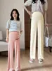 Pantalones de Maternidad, Pantalones de Seda Helada, Cómodos de Cintura Alta, Soporte para el Vientre, Corteholgado, Talla Grande, Ropa de Exterior de Verano, Pierna Recta, Adelgazantes, Moda para Maternidad