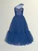 Vestido elegante de malla abullonado de un solo hombro con corsé de ballenas en la cintura y amarre en la espalda, longitud media con falda amplia
