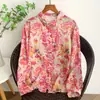 Foto Real do Novo Cardigan de Estilo Vintage da Primavera de 2026 com Estampa Floral Grande, Camisa Solta de Algodão e Linho Plus Size para Mulheres com Mangas Longas