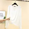 Nueva Camiseta Casual Suelta de Manga Larga de Modal para Mujer para Primavera y Verano con Cuello en V y Color Sólido, Top Base para Llevar por Dentro y por Fuera