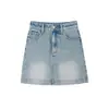 Falda Corta de Mezclilla Azul de Cintura Alta para Mujer Verano Nuevo Talla Grande mm Gordo Cubriendo Vientre y Look Adelgazante Figura Pera Falda Línea A
