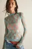 Top de malla con estampado floral retro de moda transfronterizo europeo y americano, cuello semi-alto, transparente, corte ajustado, de manga larga para usar en capas