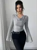 Moda Femenina Transfronteriza Europea y Americana Otoño/Invierno 2026 Camiseta Básica de Punto Canalé Cuello Redondo Hombros Descubiertos Ajustado Manga Larga Estilo para Ir al Trabajo
