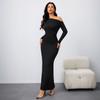 Vestido Longo Europeu e Americano da Amazon para Venda Transfronteiriça, Gola Assimétrica, Ombro a Ombro, Manga Longa, Novo Estilo Primavera e Verão 2026, Cintura Marcada, Emagrecedor