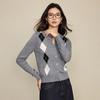 Cardigan de Lã Tricotado Casual com Padrão de Diamante Estilo Academia Color-Block para Mulheres, Roupa para o Início do Outono 2026, Suéter com Gola Redonda, Estilo Academia