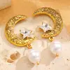Brincos Pendentes de Estrela e Lua com Pedras Preciosas Transfronteiriços para Mulheres, Brincos Elegantes Estilo Corte Retro, Atacado