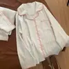 Lindo Pijama de Rayas Florales para Niña, Cardigan de Encaje para Primavera y Otoño, Conjunto de Dos Piezas, Ropa de Casa para Dormitorio Estudiantil