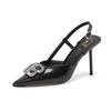 2025 Novo Estilo de Verão Elegante Bico Fino Estilo Francês Vazado Salto Agulha Fivela de Strass Sandálias de Bico Salto Alto Sapatos Femininos