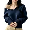 Suéter de punto de un hombro estilo coreano para mujer, nueva colección de otoño, suéter tipo pullover de corte holgado, diseño puro y simple, color liso, top con botones