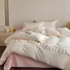 Juego de Ropa de Cama Estilo Princesa Crema Francesa 2026 Nuevo Algodón Lavado Sábana Ajustable Sábana Plana Funda de Edredón Juego de Cama de Tres Piezas