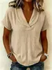 Camisa de Cor Sólida Nova de Algodão e Linho para Mulheres, Estilo Europeu e Americano Solto, Top de Manga Curta com Decote V para o Verão 2026, Casual Azul Claro