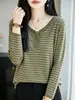 Suéter feminino de lã fina, design simples color-block, listras clássicas, efeito emagrecedor, elegante, adequado para o trabalho, top de tricô de manga longa