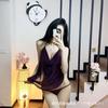 Conjunto de Lencería Sexy de Malla Transparente con Cuello Halter y Banda para el Vientre Atada. Camisón de Tentación.