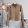Chamarra corta de fitness para mujer, con cuello alto de terciopelo, cierre completo, forro de terciopelo, top de yoga, engrosada, cálida, ajustada, para usar al aire libre