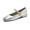 Zapatos para Mujer Sister Mary Jane Zapatos Boca Baja Cuero Suave Rojo Suela Plana Punta Cuadrada Barco Planos Estilo Francés Zapatos de Boda Primavera y Otoño Doudou Plateado