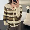 Cardigã de malha listrado com blocos de cor estilo coreano, decote V, manga longa, para mulheres, novo top jaqueta suéter de caimento solto para primavera e outono, que rejuvenesce