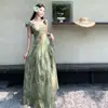 Vestido Francés Verde con Tirantes y Mangas Cortas Voladas, Gasa, Cintura Bonita Fruncida, Vestido Largo Floral de Vacaciones