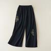 Pantalones Casuales de Verano de Algodón y Lino para Mujer, Pantalones Delgados Retro de Estilo Étnico Bordados de Pierna Ancha, Pantalones Versátiles Adelgazantes de Nueve Puntos para Mujer