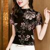 Camiseta de Encaje de Cuello Alto para Mujer Primavera y Verano Nueva Moda Top Estampado Reductor de Edad Camiseta Básica de Malla Estilo Occidental Camiseta Pequeña