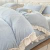 Juego de cama de cuatro piezas de terciopelo coral de leche engrosado de doble cara, ropa de cama de franela de invierno, falda de cama más gamuza, sábanas, funda de edredón