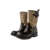 Primeiro Encontro Temporada Cor Britânica Bloco de Cores Fivela Botas de Equitação de Cano Alto Femininas Salto Grosso Bico Redondo Duas Vias Botas Longas de Motocicleta