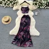 Traje Puro Deseo para Mujer Verano Alta Calidad Cuello Oscilante Tirantes Chaleco Estampado Falda de Cadera Tiro Alto Conjunto de Dos Piezas para Vacaciones