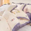 Conjunto de Quatro Peças em Gaze Dupla de Algodão Puro com Borda de Renda Versão Coreana 2026 com Estampa de Princesa Francesa Conjunto de Quatro Peças de Algodão Puro