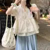 Top babydoll jovial de caimento solto com babados, nova moda feminina de verão, estilo doce coreano, camisa tie-dye com manga bufante, moderna