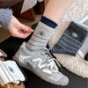 Meias Bordadas com Ovos Primavera e Outono Listradas Cor Sólida Color-Blocking Meia de Cano Médio Estilo Coreano Meia Larga Esportiva Estudantil Punho Duplo