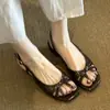 Sandalias de Verano Chuyuji Retro Sencillas con Lazo de Una Sola Tira y Punta Abierta de Tacón Medio para Mujer