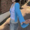 Cárdigan de punto de lino de alta calidad coreano Dongdaemun para mujer, top fino de canalé de color liso con protección solar de manga larga
