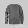 Camiseta Masculina Manga Longa Gola Henley Algodão Puro Lavado Cor Sólida Base Camada Masculina Primavera 2025