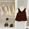 LeenbabyMelard! Conjunto de dos piezas para niña de otoño: vestido chaleco de pana con lazo