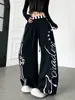 Calça Feminina de Cintura Dupla com Estampa de Listras de Letras Wide Leg Estilo High Street Americano Garota Picante Design Solto Versátil Casual Longa