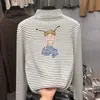 Estilo Otoño e Invierno Moda para Bebés Elegante Camiseta de Forro Polar para Niñas de Tamaño Mediano a Grande Cuello Medio Alto Manga Larga Top Rayado