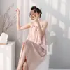 Camisón largo sexy de verano para mujer, se puede usar afuera, hecho de seda de algodón, adecuado para primavera y otoño, ropa de casa adelgazante y elegante