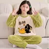 Pijama de franela de manga larga para otoño e invierno para niñas, holgado y cálido, adecuado para niños mayores, forro polar de coral, conjunto de ropa de estar para niñas