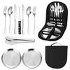 Faca Portátil, Garfo, Colher, Prato, Conjunto de Pinças para Bife, Bolsa de Louça para Piquenique Estilo Camping para Dois, Conjunto de Louça de Aço Inoxidável para Exterior