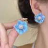 Brincos de Pérola Florais Azul Oceano com Gotejamento de Óleo, Estilo Francês, Suaves, Frescos, Românticos, Joia Leve Criativa, Estilo Versátil para Férias
