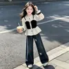 Conjunto de Dos Piezas de Camisa de Encaje para Niñas Otoño 2026, Conjunto de Primavera y Otoño para Niñas, Conjunto de Dos Piezas de Top y Pantalones de Campana