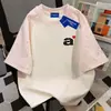 Camiseta Fashionável de Algodão 100% Puro, Comprimento Médio, Manga Curta, Estampa de Estrelas, Para Homens e Mulheres, Verão, Caimento Solto, Blusa Patchwork Emagrecedora para Casais, Estilo Ins