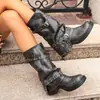Botas Western Retro para Mujer 2026 Nuevo Estilo Botas de Tacón Apilado Fruncidas Botas Cortas Grises Retro Botas de Caballero Cónicas de Tacón Grueso