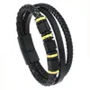 Pulsera tejida de cuero multicapa europea y americana para hombre Hebilla magnética Color mixto negro y dorado Pulsera de cuerda con cuentas Personalidad Moda Pulsera de cordón de cuero