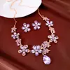 Conjunto de brinco e colar ajustáveis com flor e gota cravejados de diamantes em agulha de prata transfronteiriço, joias de moda de alta qualidade de luxo leve para banquetes